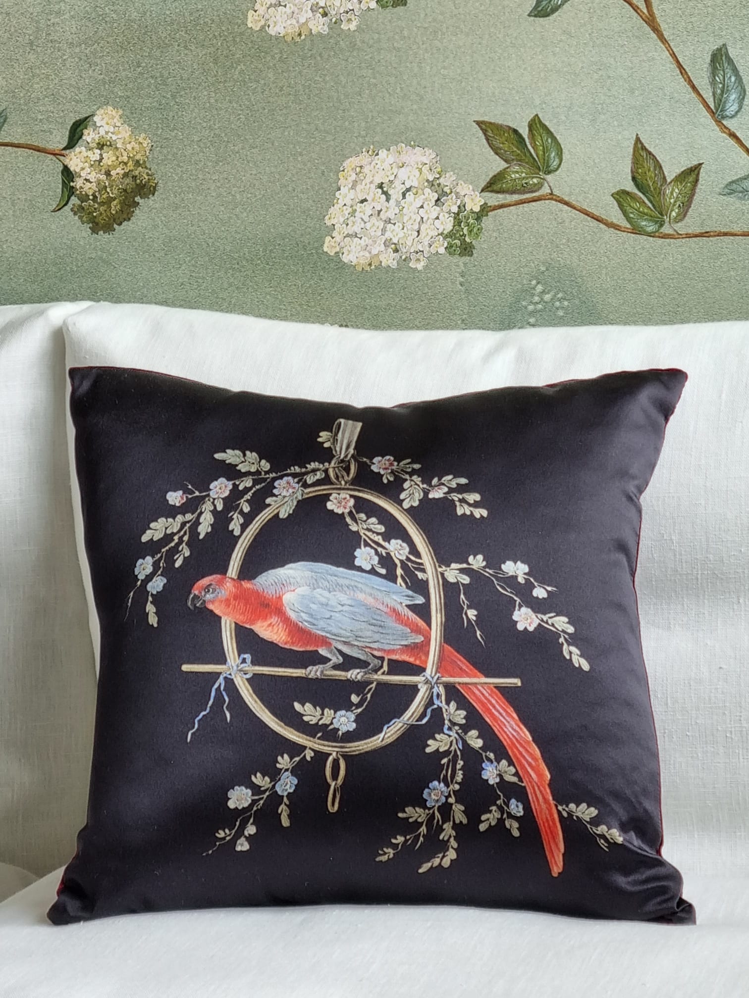 Silk Cushion cover ''Le Perroquet'' in black